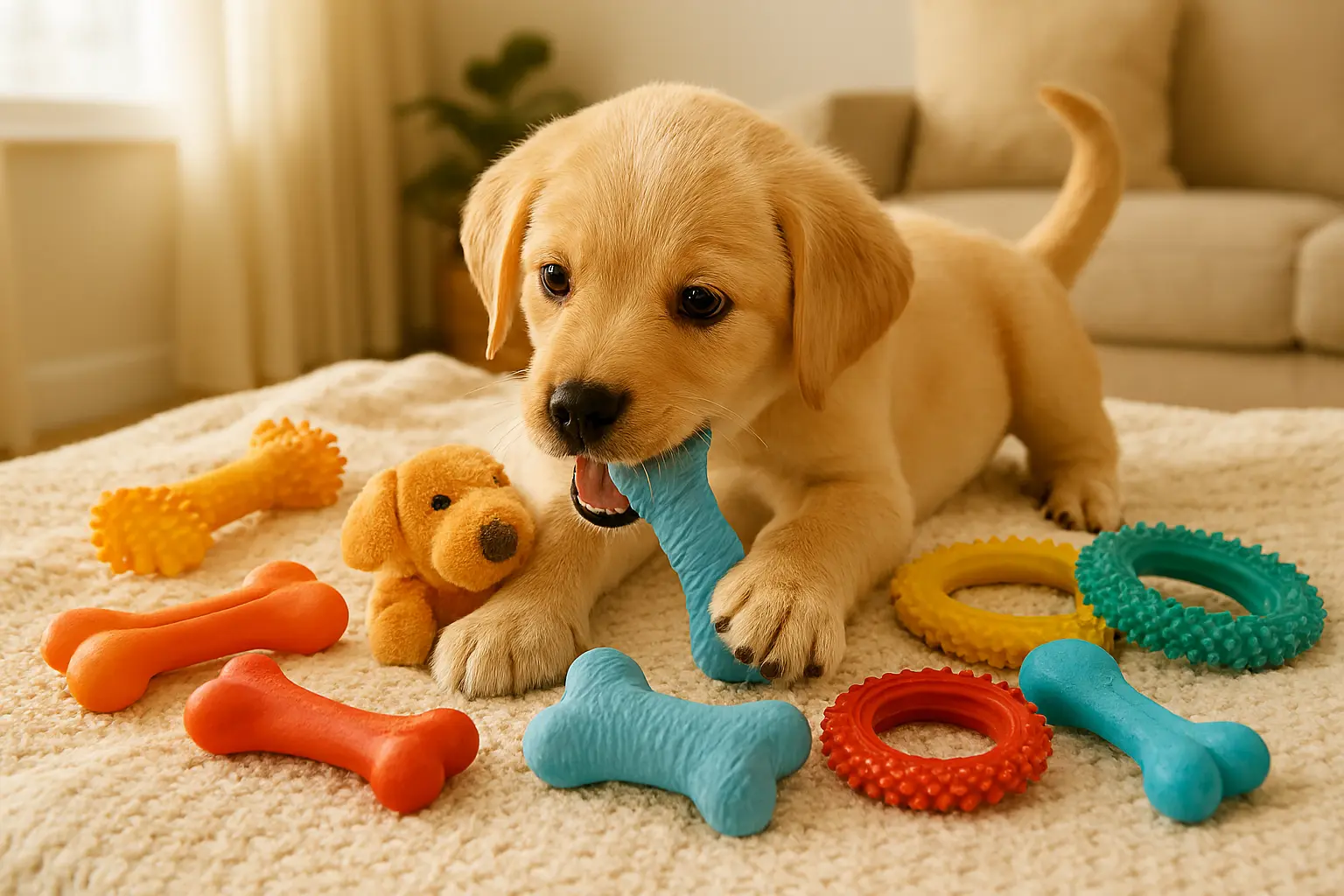 An assortment of colorful puppy teething toys displayed on a soft