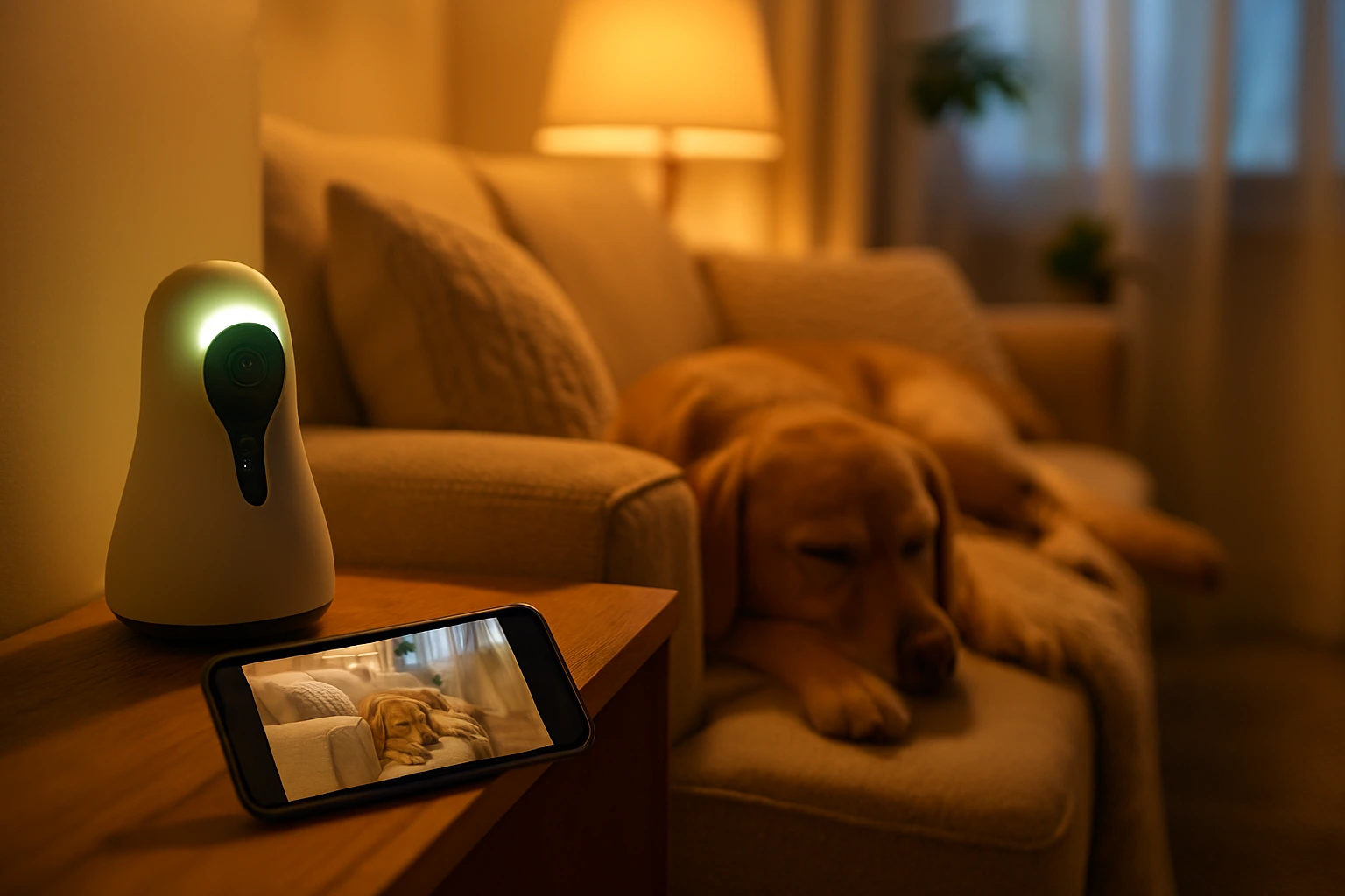 Dog relaxing at home while owner monitors through the best pet camera on smartphone.